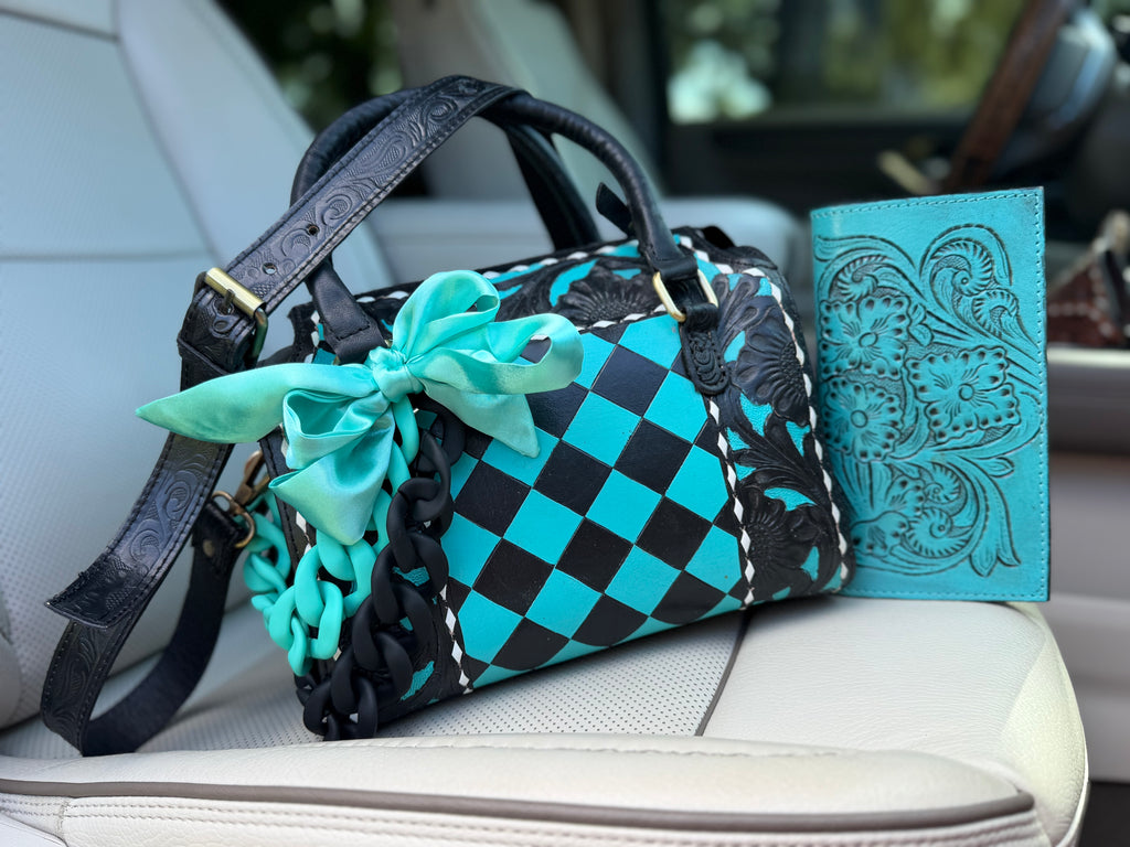 Electric teal/black checker tooled leather speedy (M) and wallet