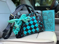 Electric teal/black checker tooled leather speedy (M) and wallet