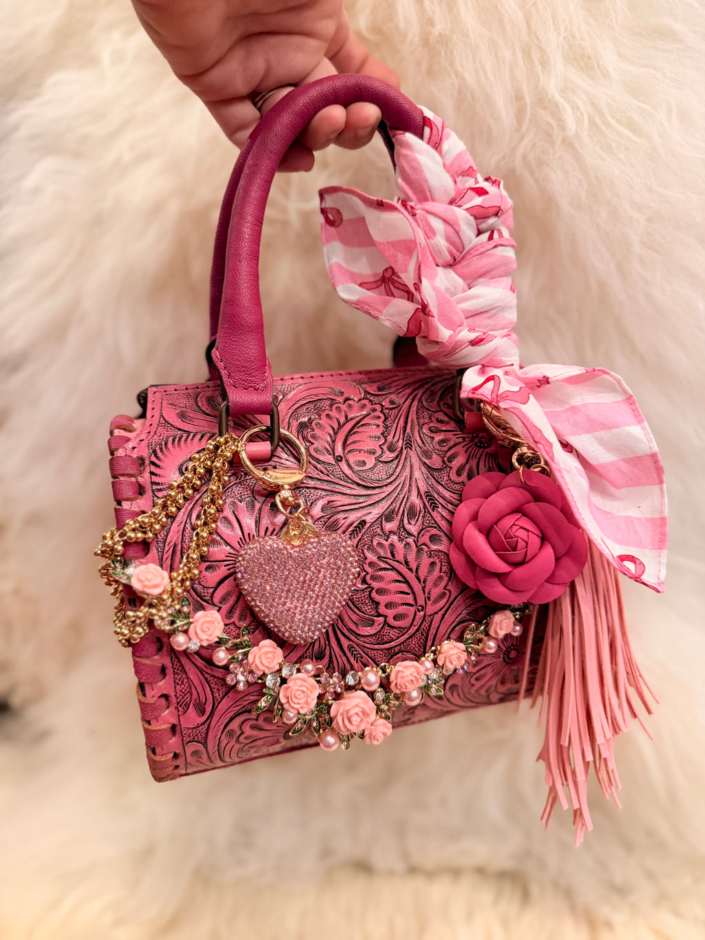 "The Rose Wrangler" - pink tooled leather speedy (mini)