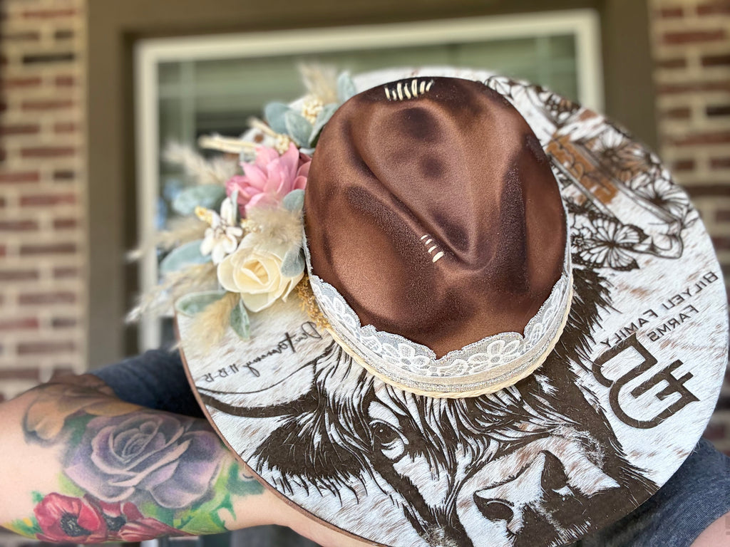 Engraved cowhide hat - farm logo/brand