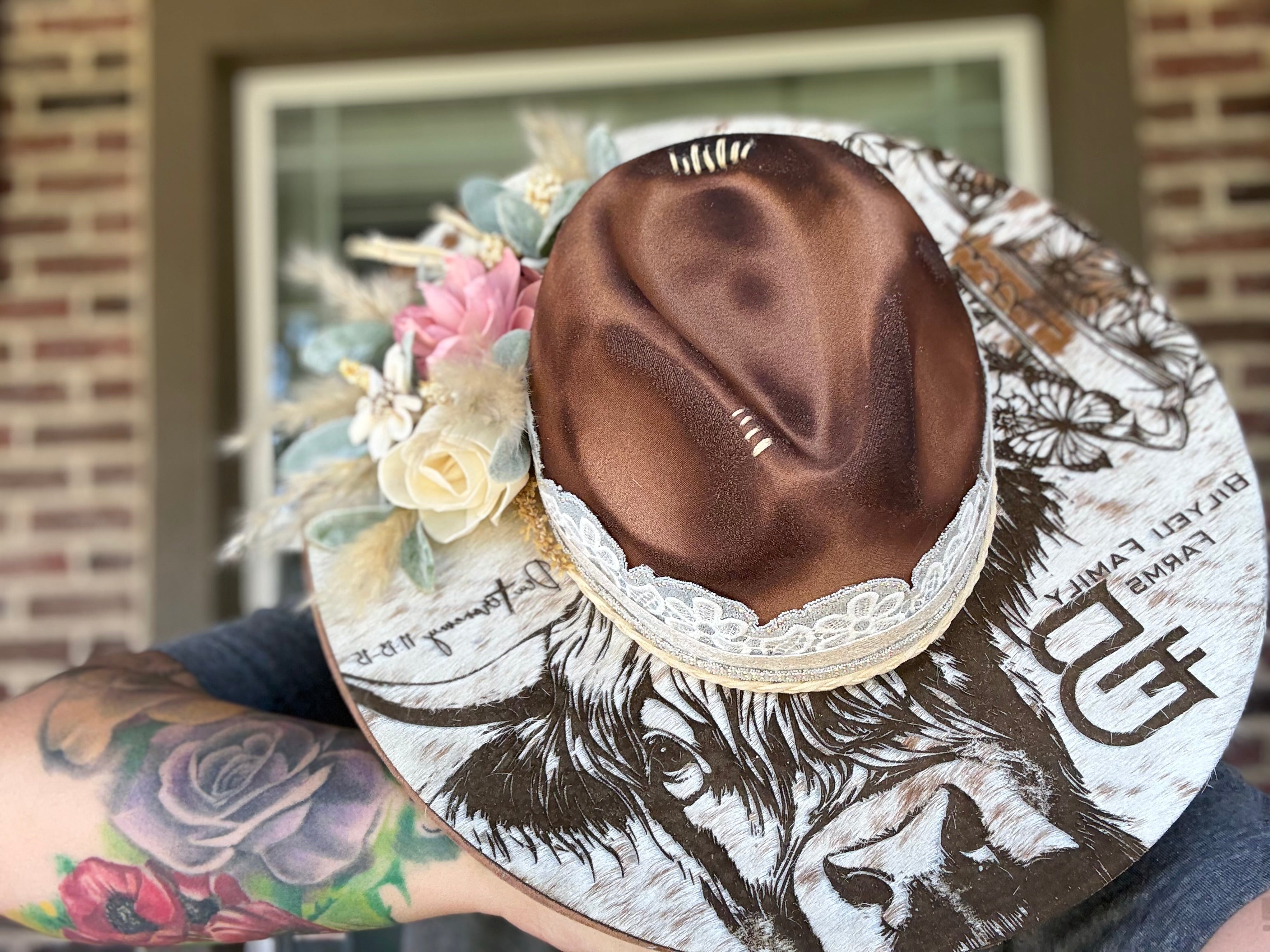 Engraved cowhide hat - farm logo/brand