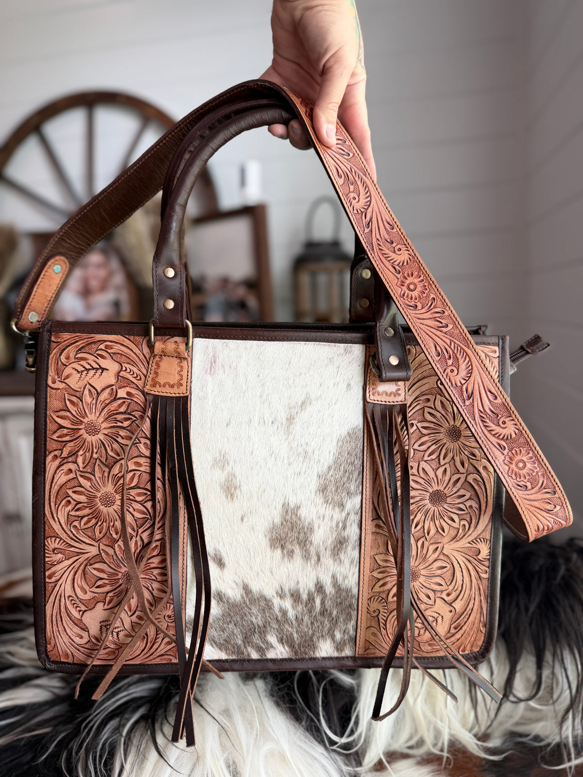Cowhide Tooled leather tote bag with fringe