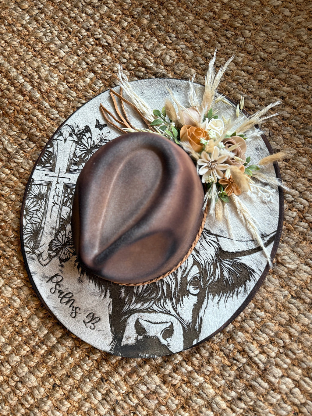Cowhide hat - neutral Floral Highland cow