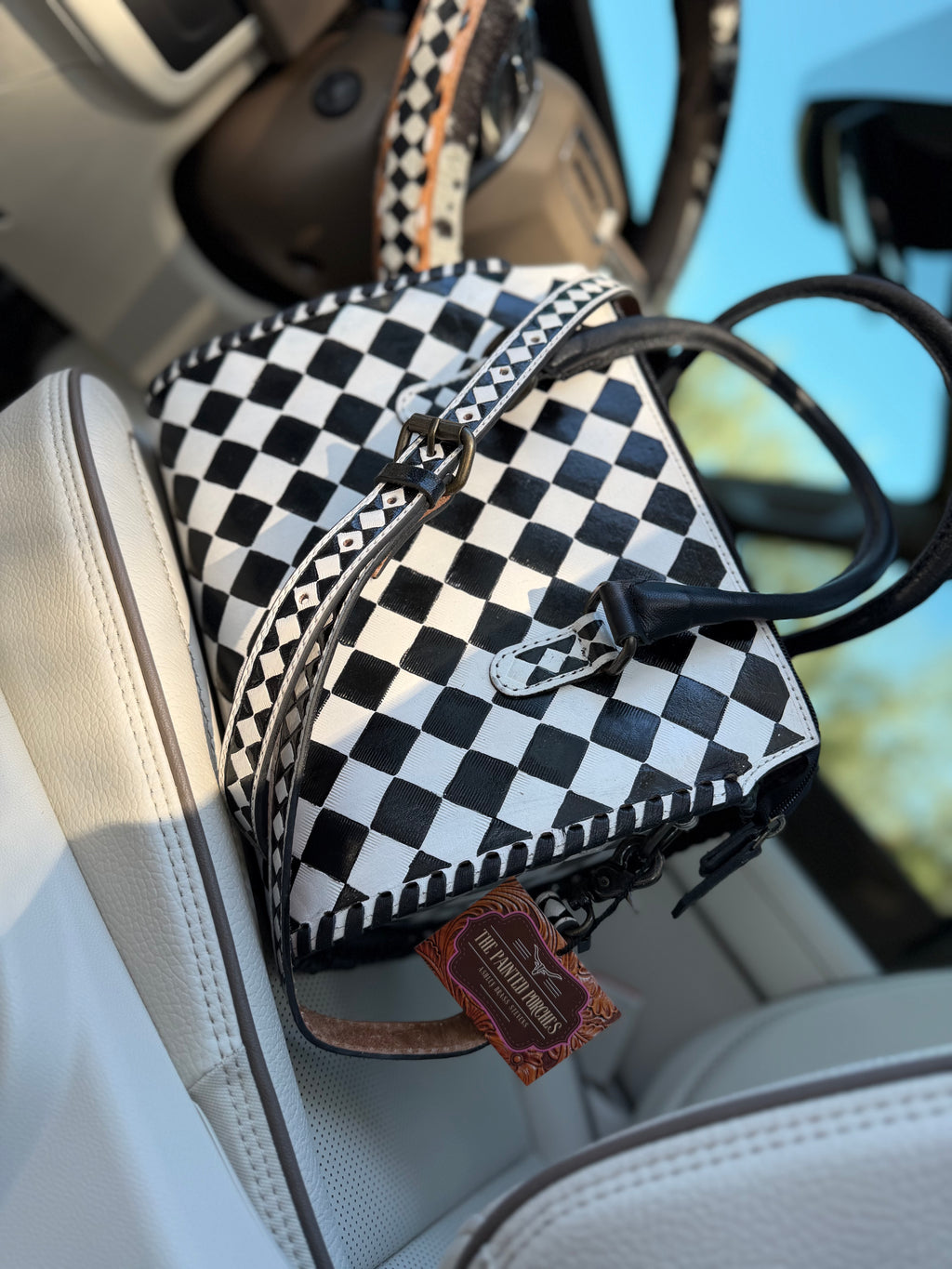 High-quality  checker, print, hand-painted tooled leather speedy (Medium)