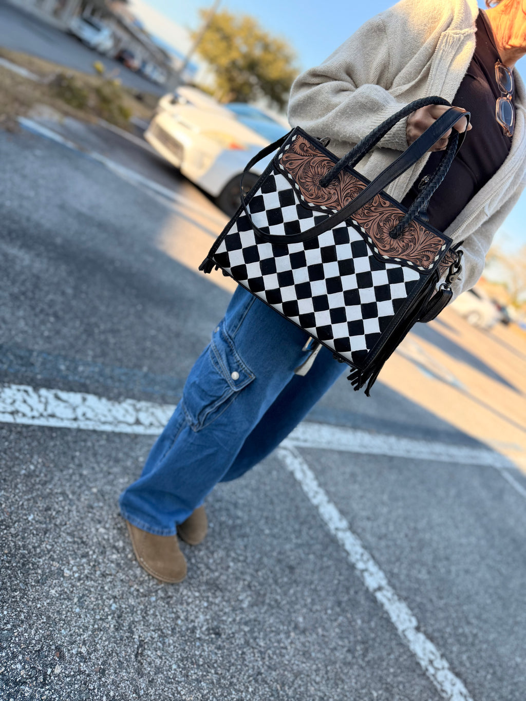The “Charlotte” tooled fringe tote checker  bag - by the Painted Porches