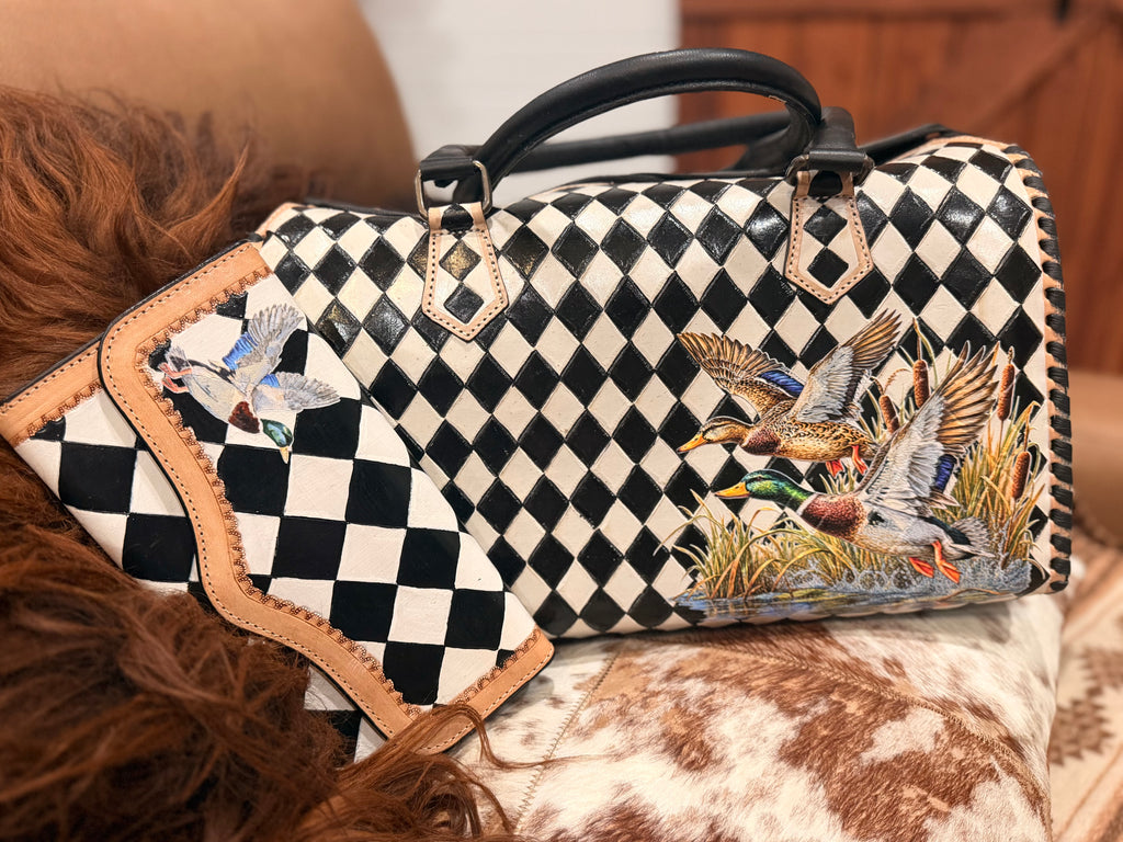 MALLARD SET -Checker bag and wallet- Large tooled leather duffle speedy