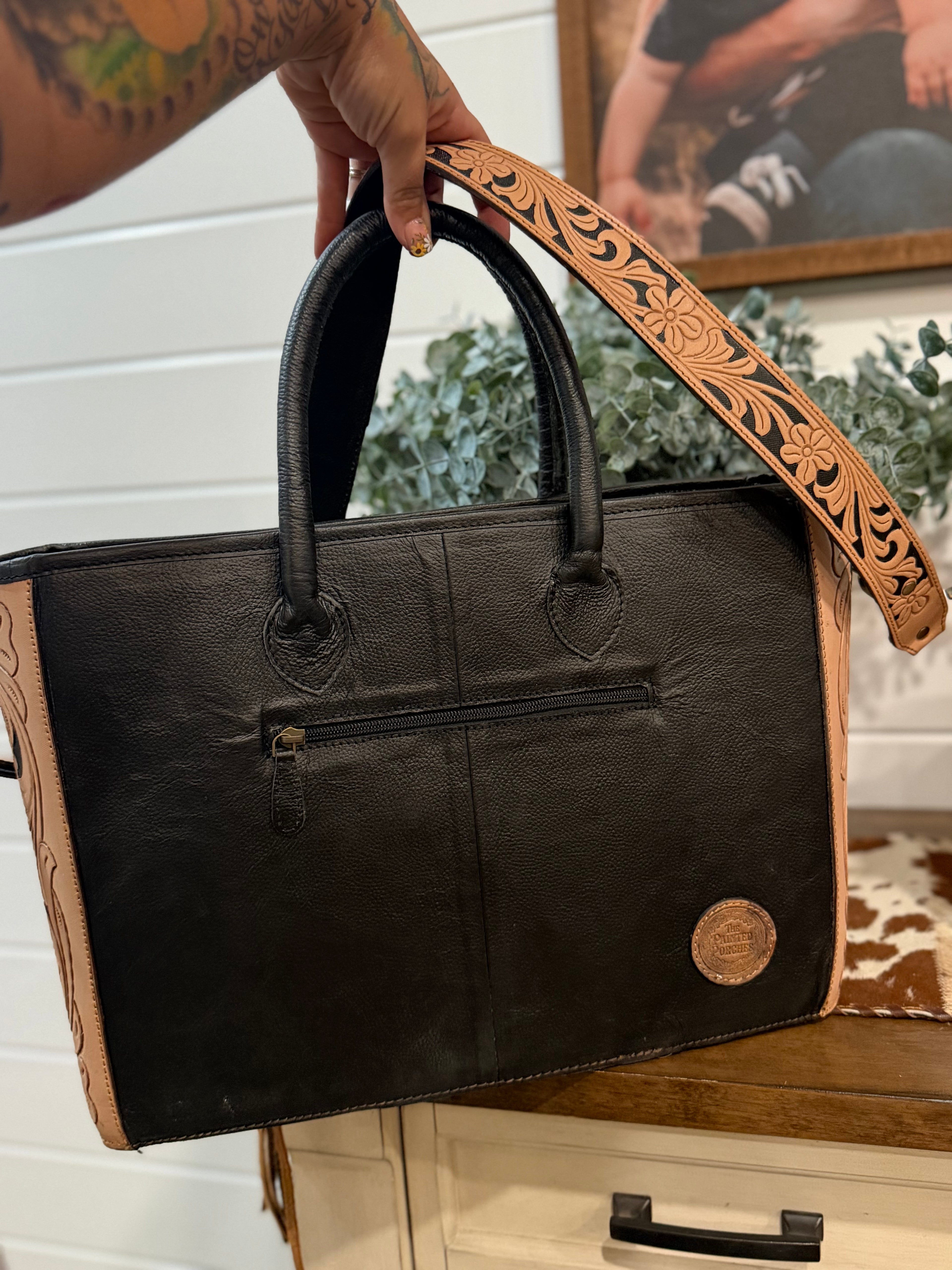 Tooled crossbody tote bag
