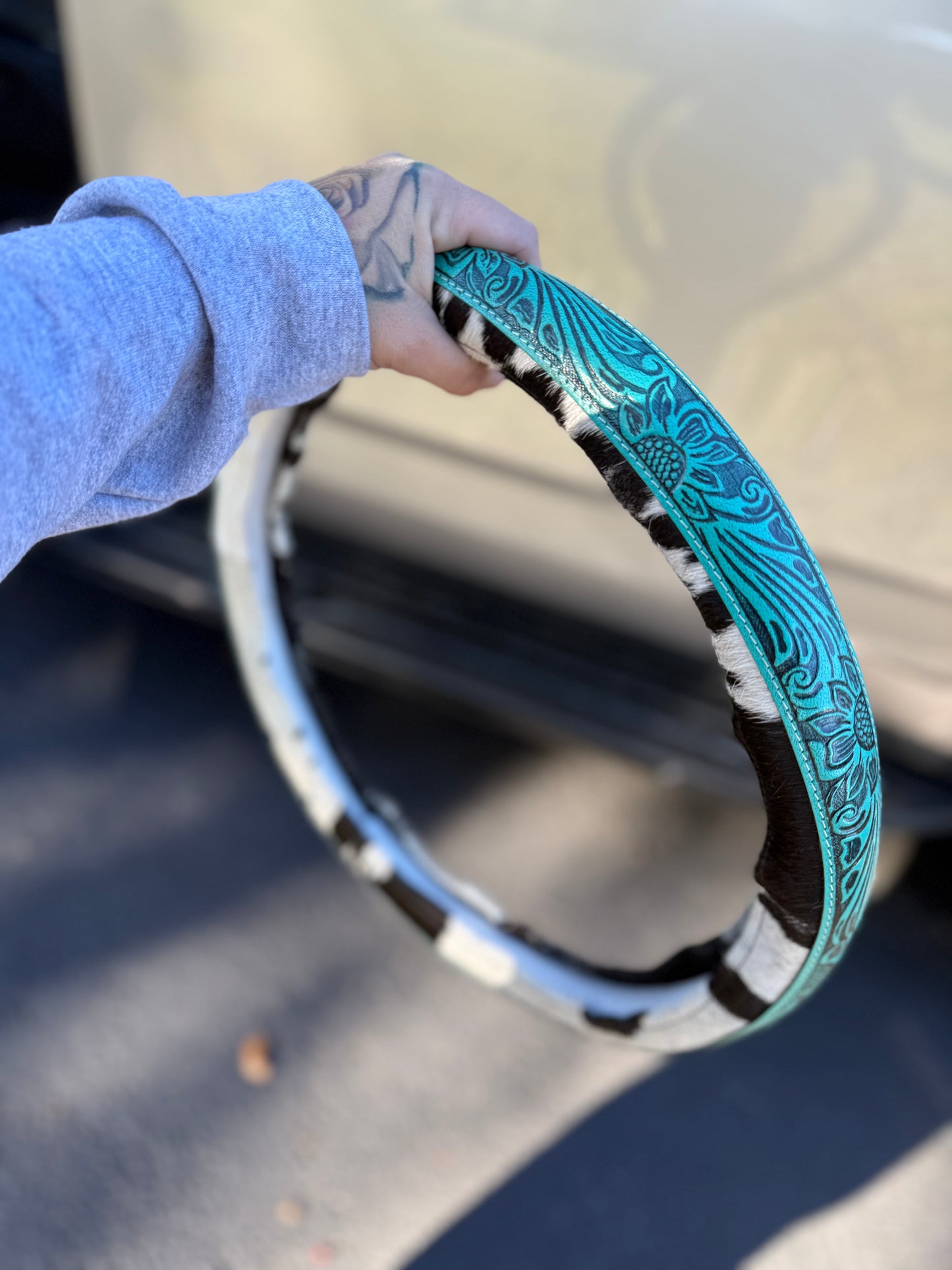 Teal 15.5 “ tooled leather cowhide steering wheel cover read description before purchase