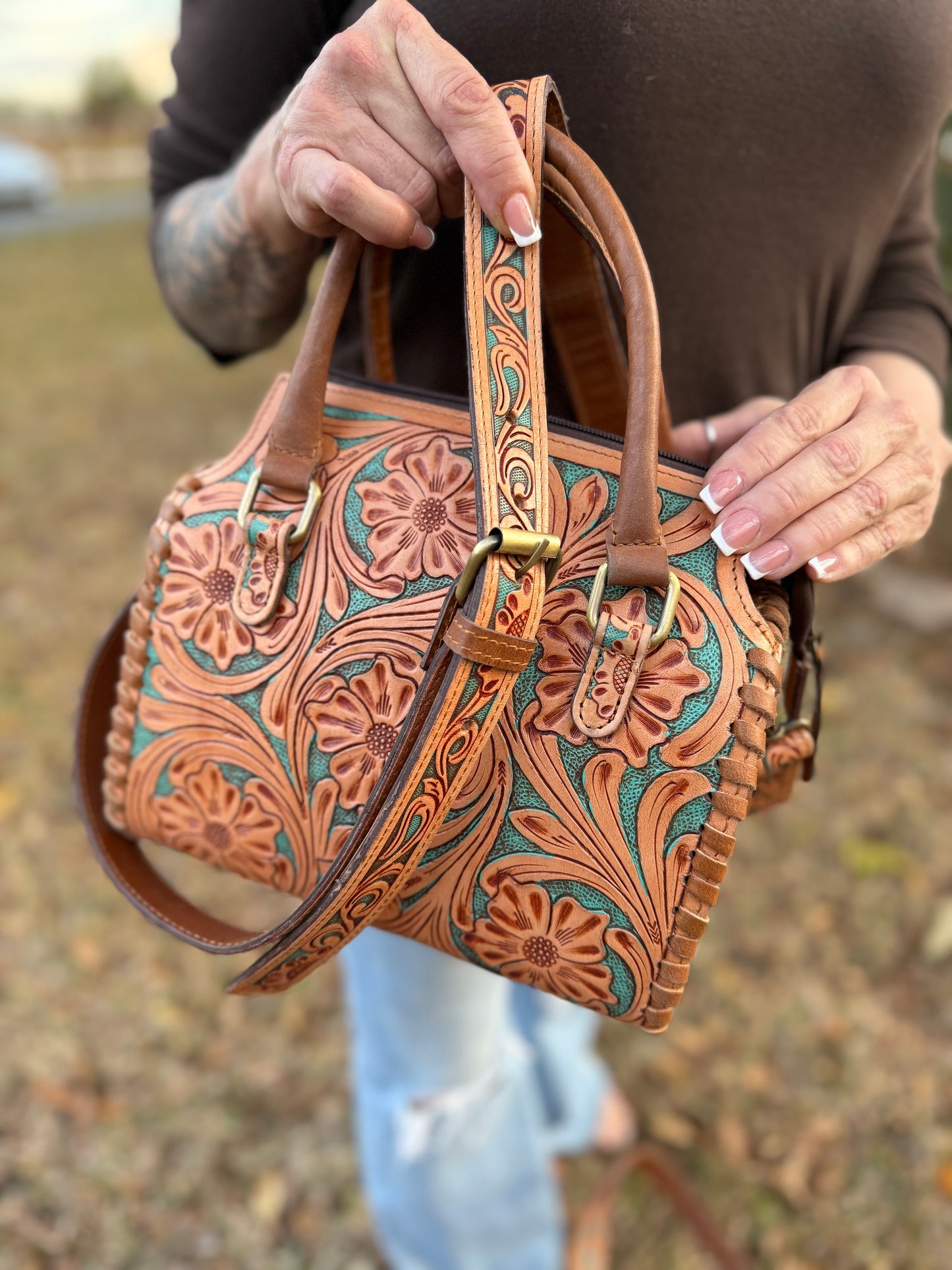 Brown/turquoise tooled leather speedy (M)