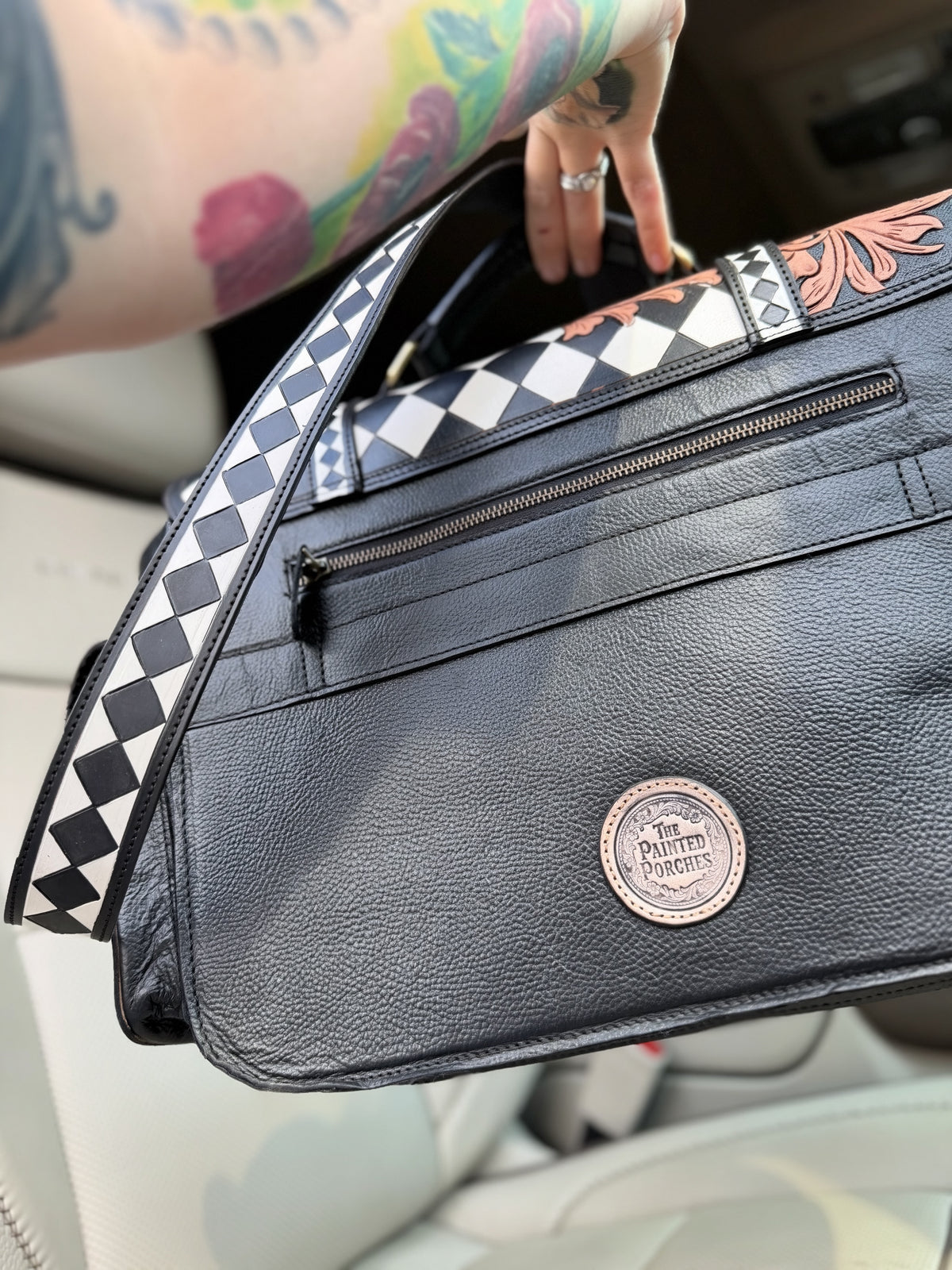 Laptop or overnight tooled leather -  black/white checker  bag