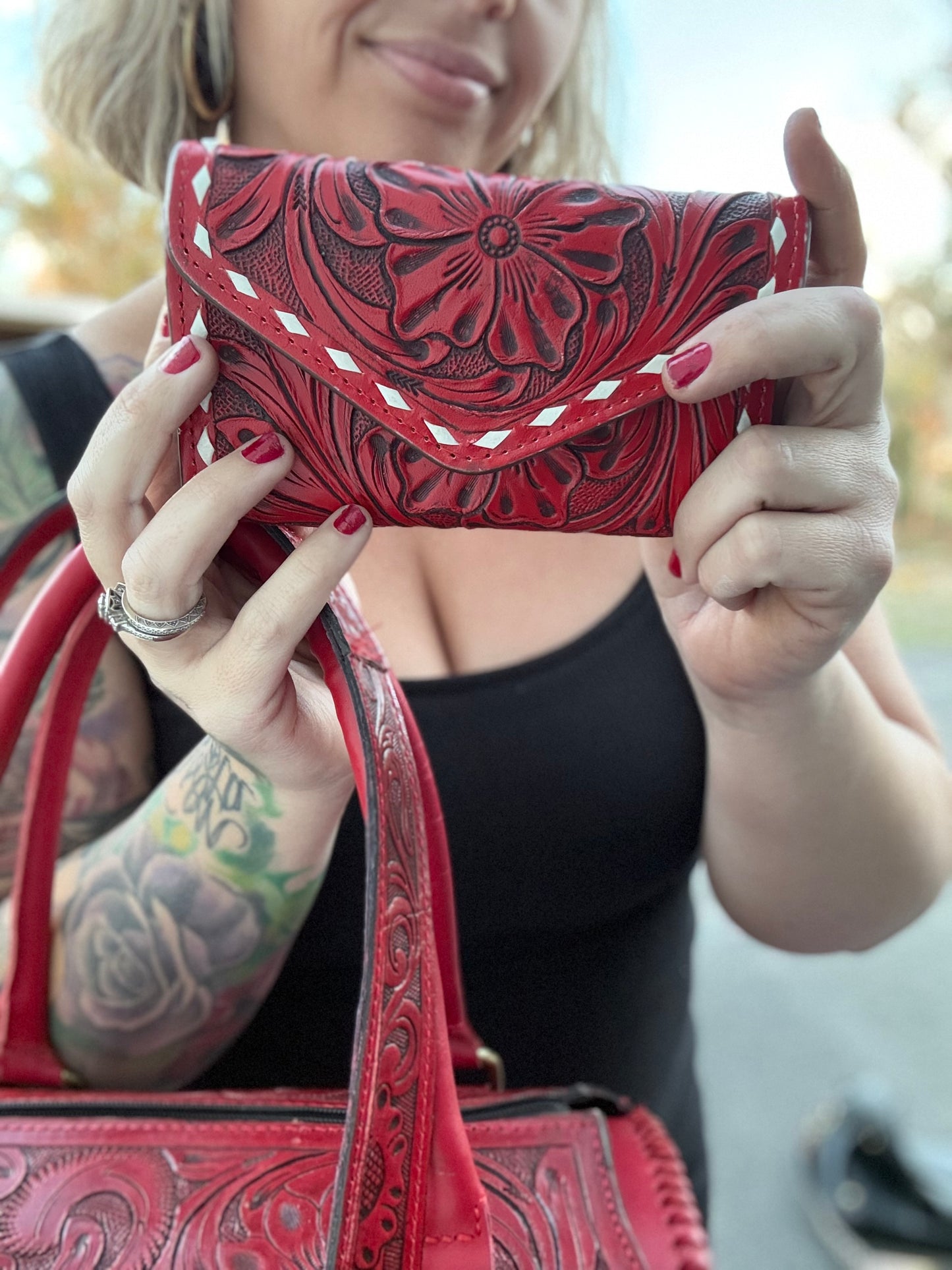Red tooled leather speedy and wallet set