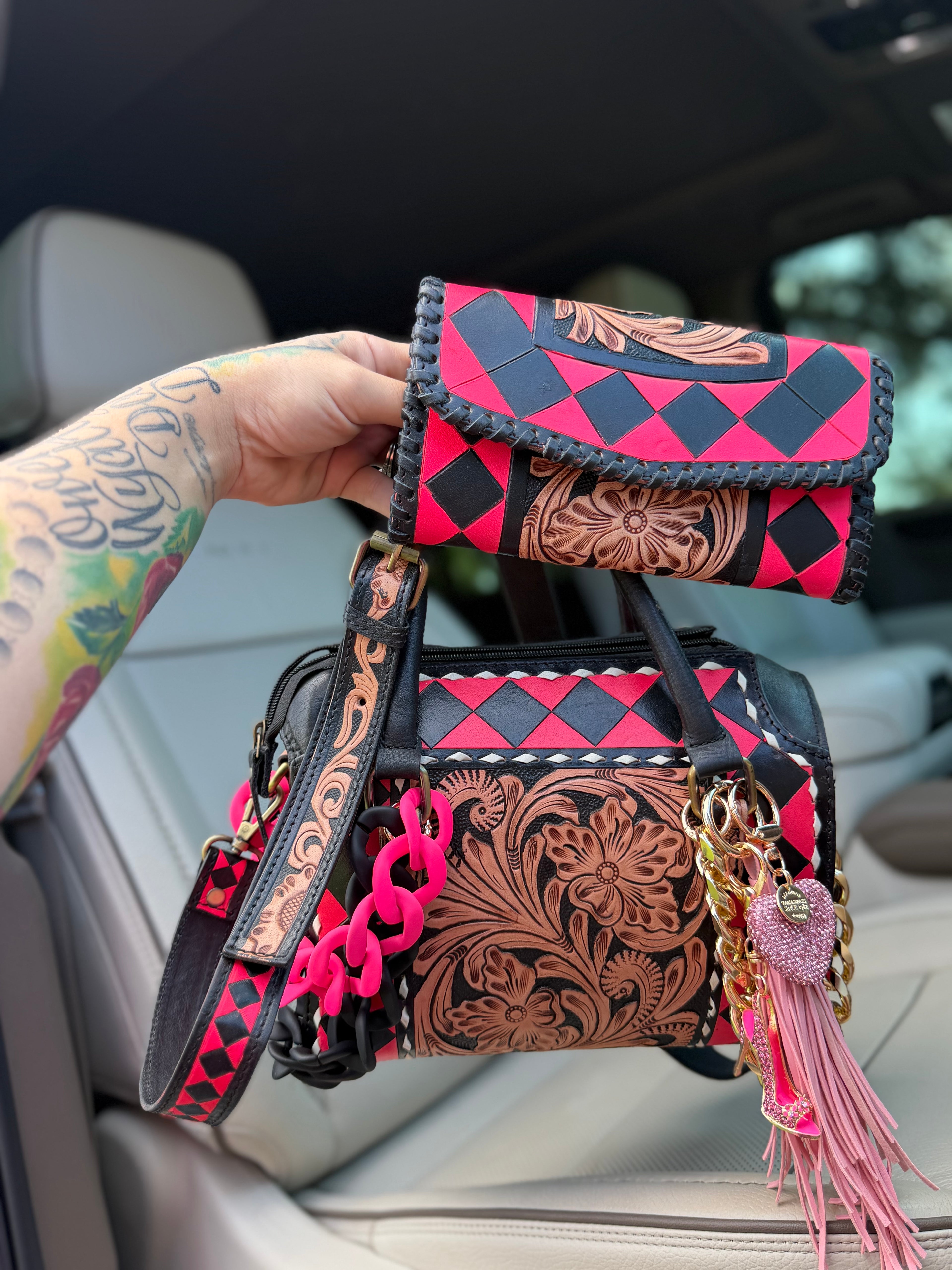 Hot pink/black checker tooled leather speedy (M) and wallet