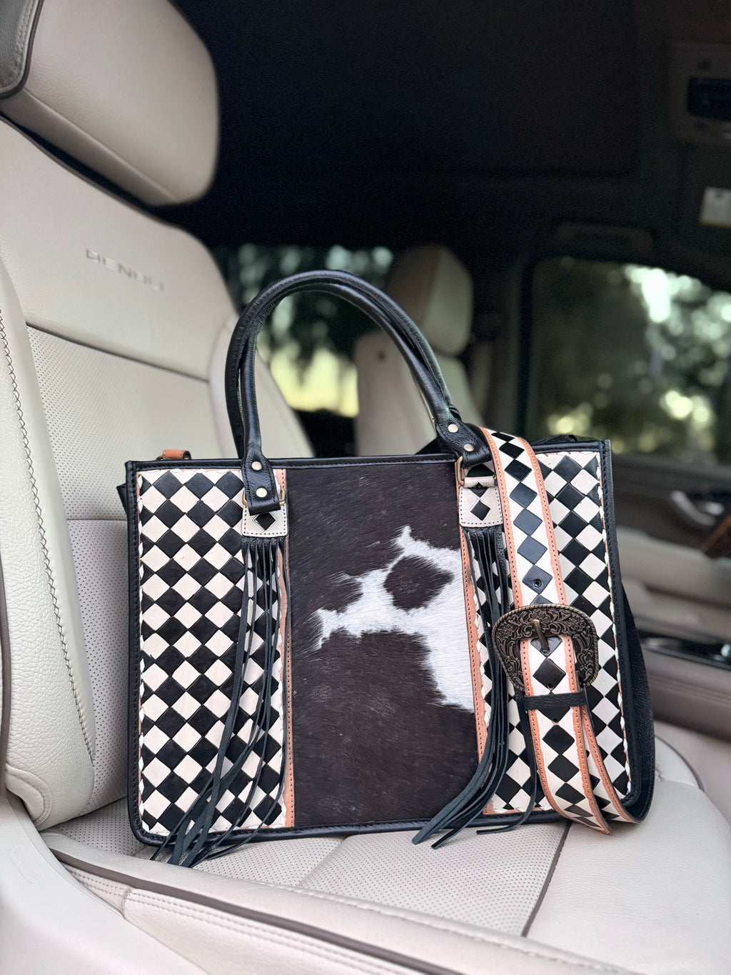 Cowhide and white checker Tooled leather tote bag with fringe-