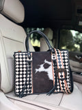 Cowhide and white checker Tooled leather tote bag with fringe-