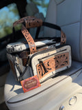 XL size - Dark color and white hide TOOLED leather/ cowhide Lunch bag