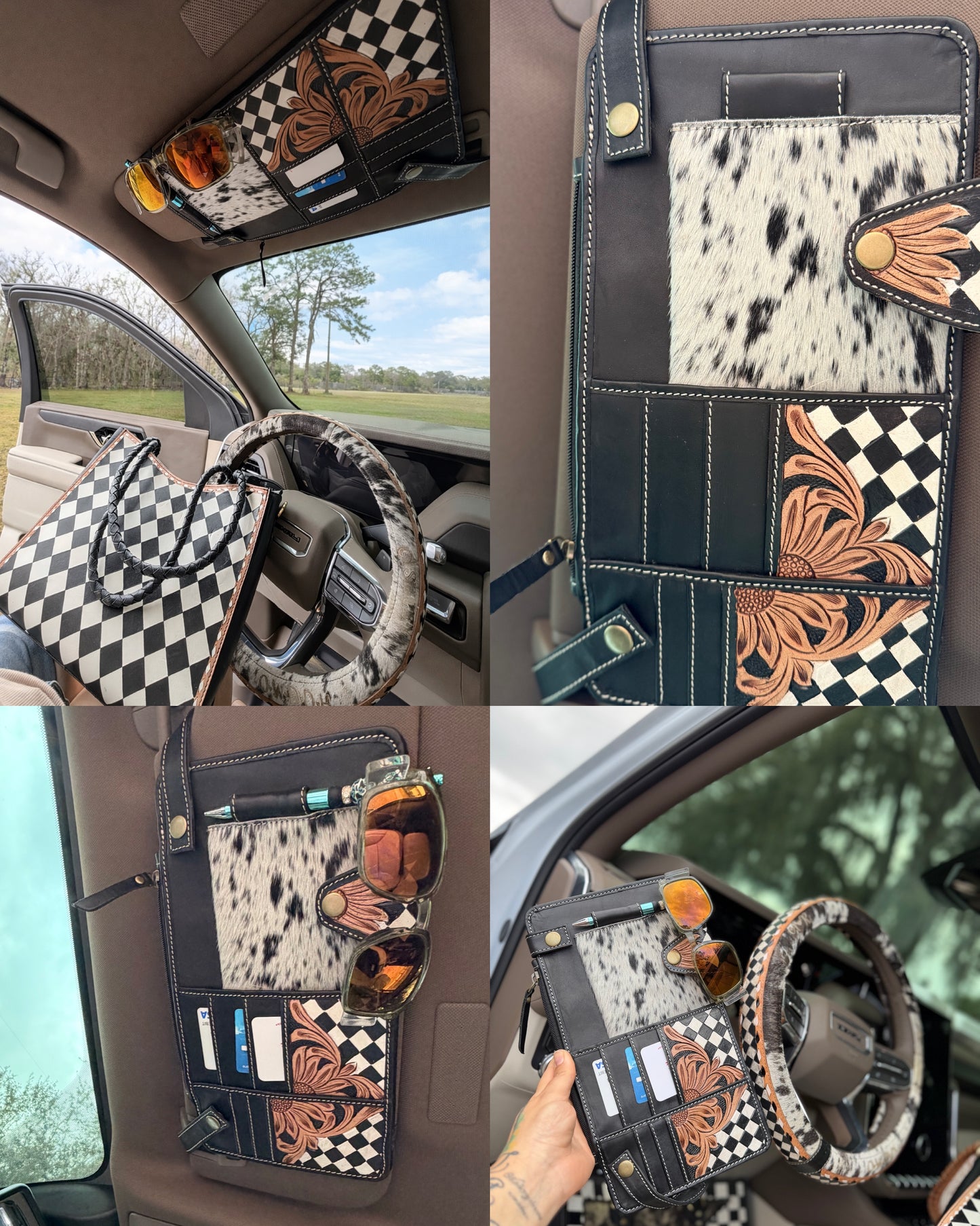 Tooled leather car sun visor organizer - EXCLUSIVE item