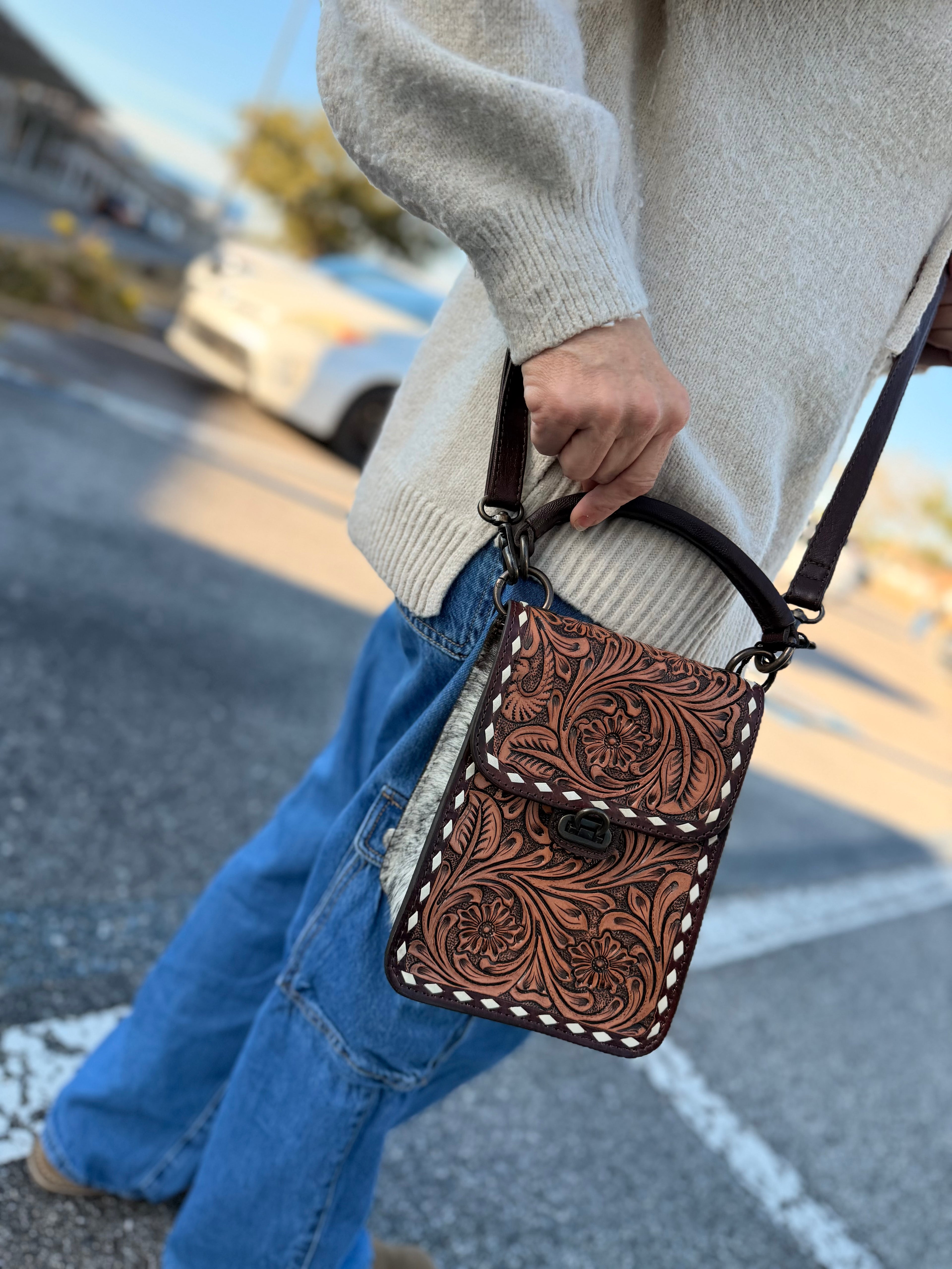 “Petunia” Tooled leather sling purse - by the Painted Porches