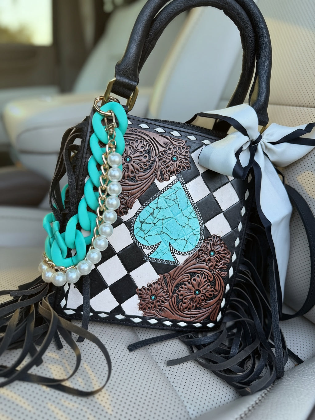 Square Checker purse with fringe