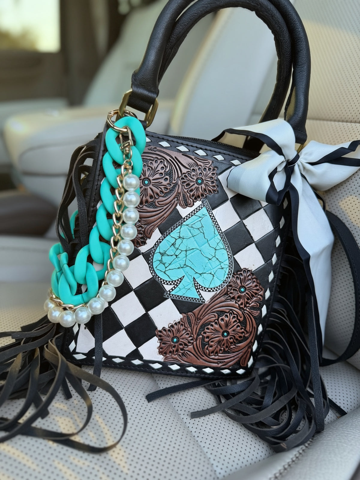 Square Checker purse with fringe