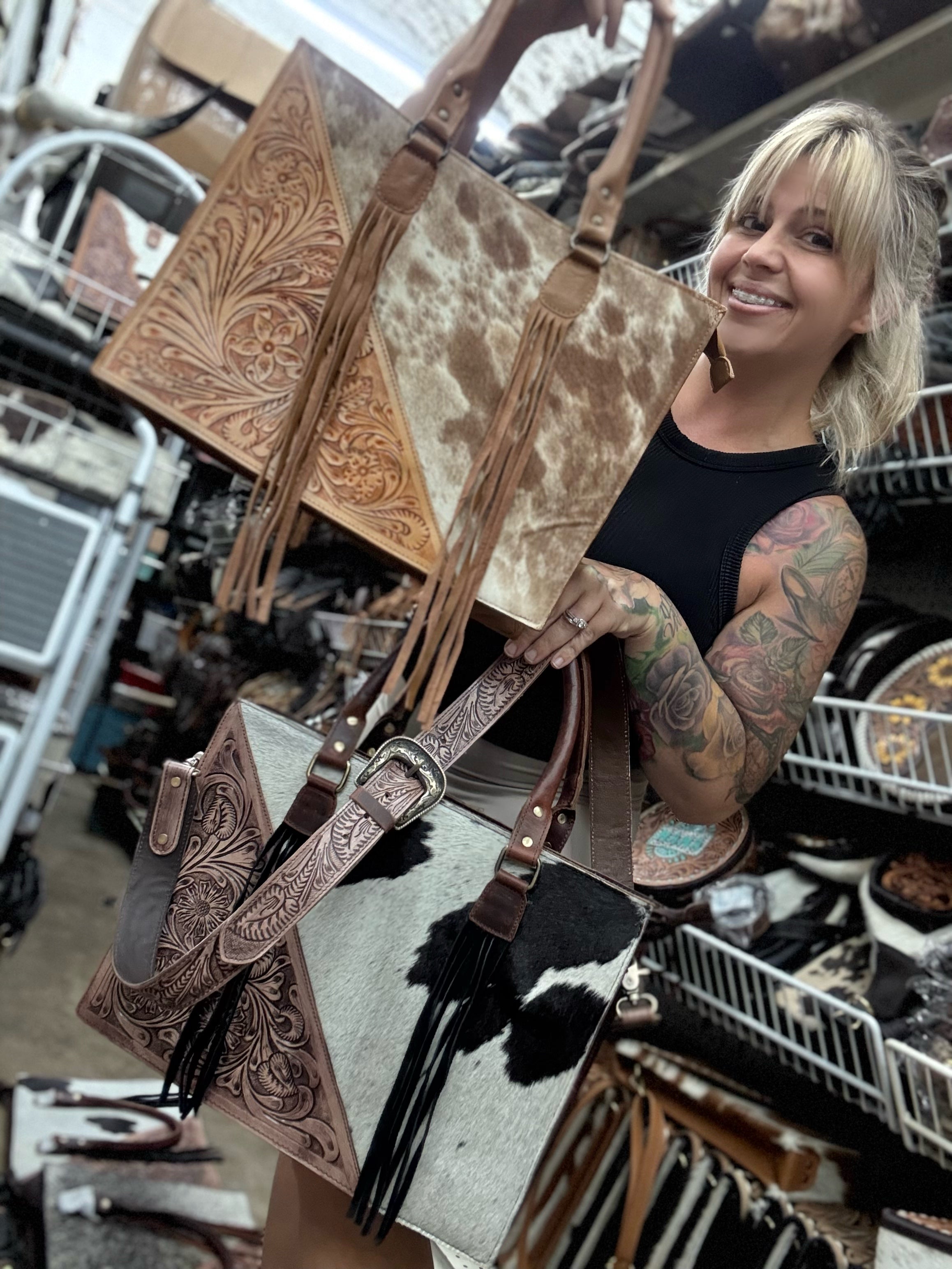 Cowhide and tooled leather purse - 16”x12“