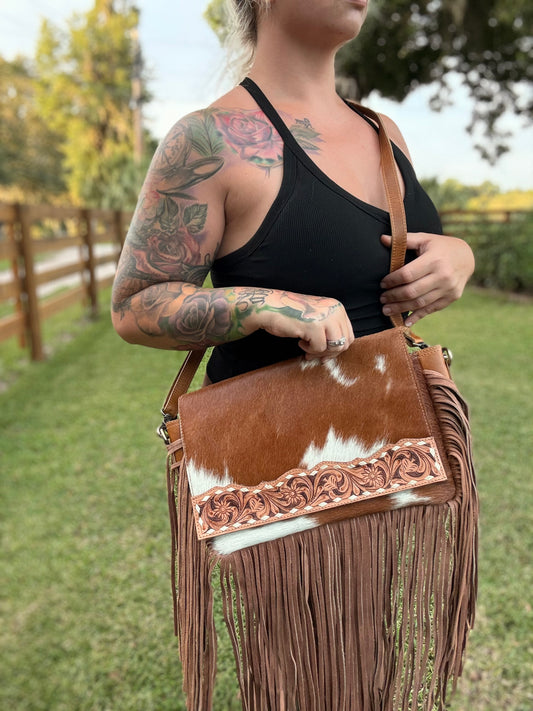 Tooled cowhide purse