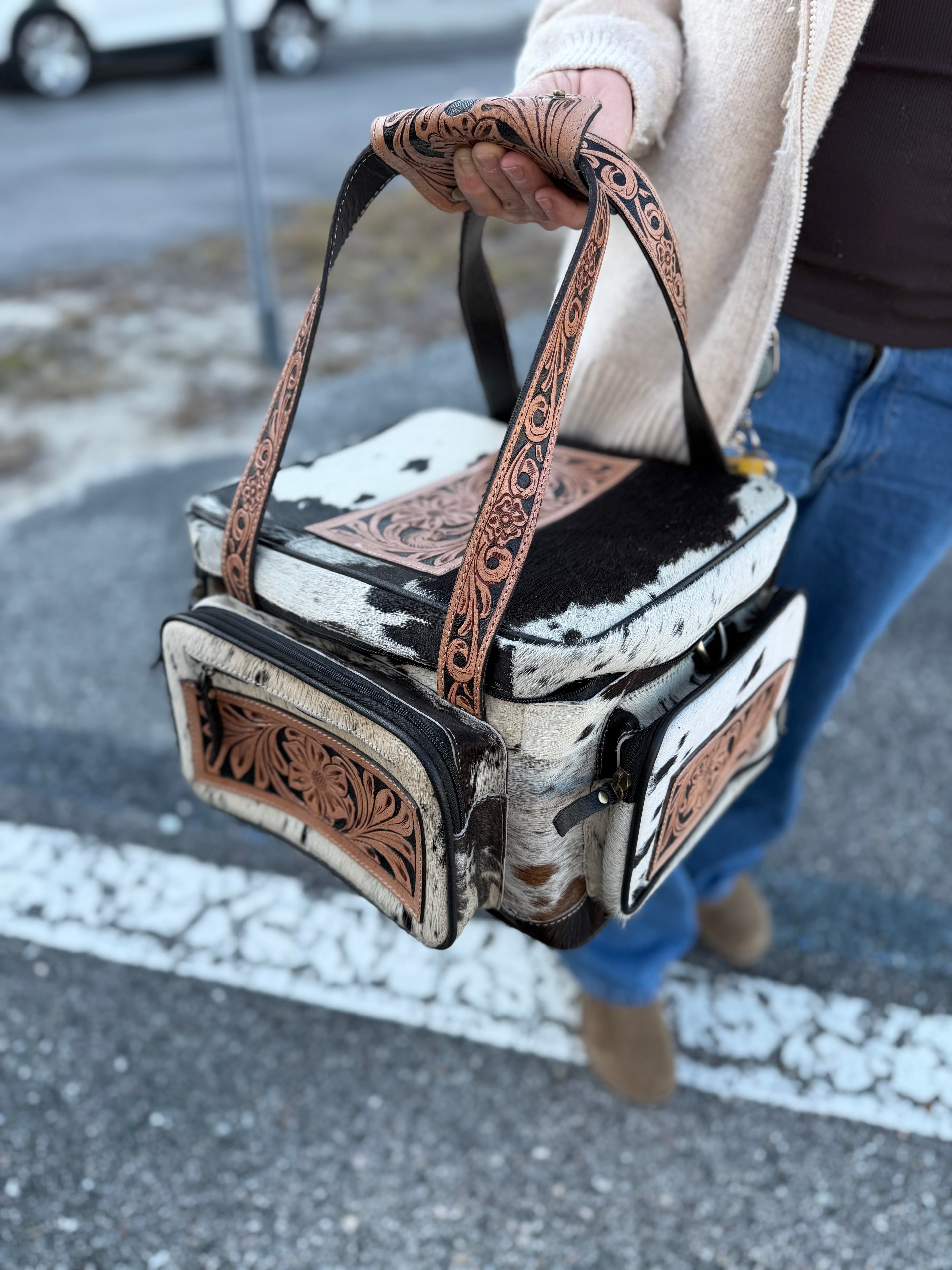 XL size - Dark color and white hide TOOLED leather/ cowhide Lunch bag