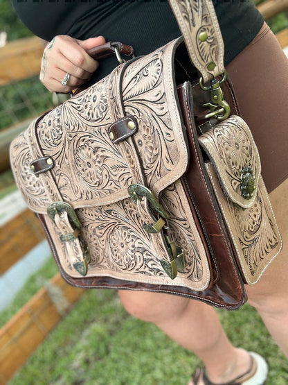 Laptop or overnight tooled leather bag