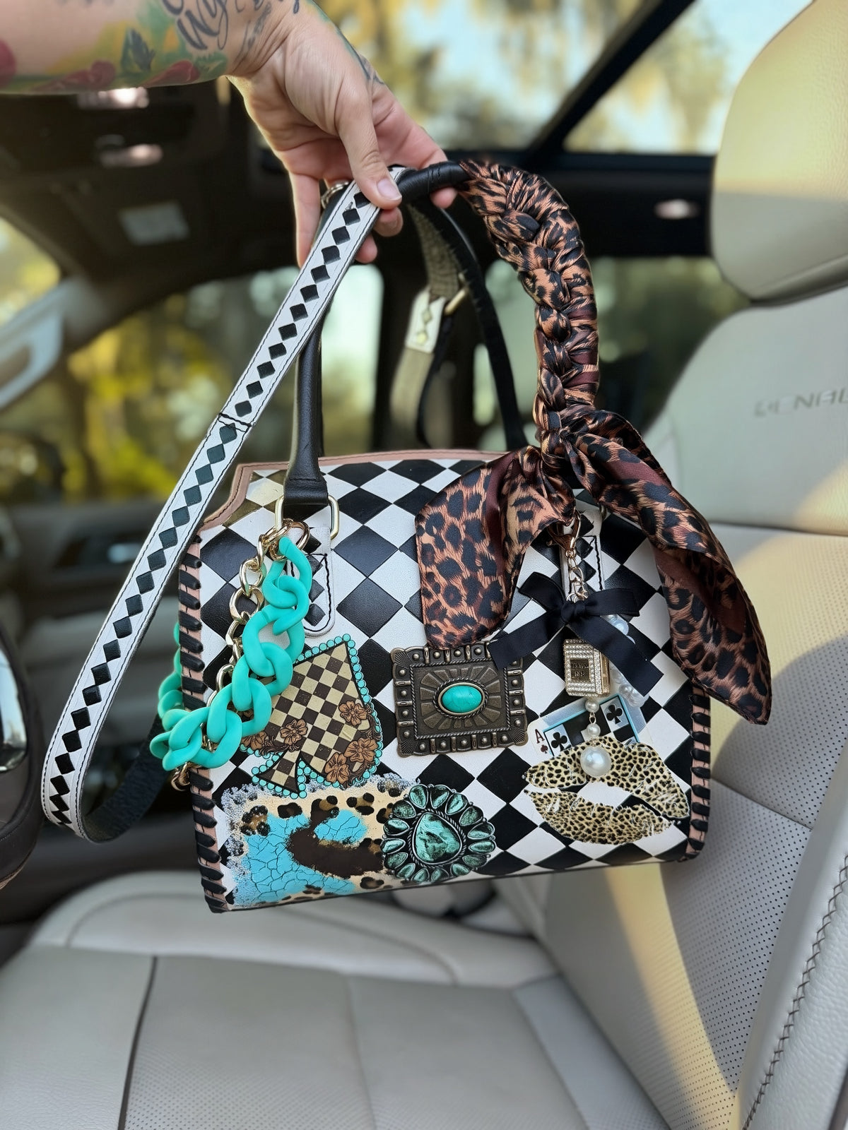 “Checkered & Cheetah” black/white checker and cheetah tooled leather speedy (L) by the Painted Porches