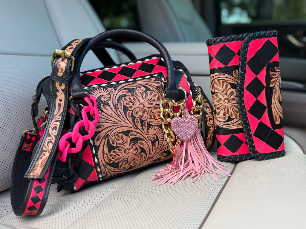 Hot pink/black checker tooled leather speedy (M) and wallet