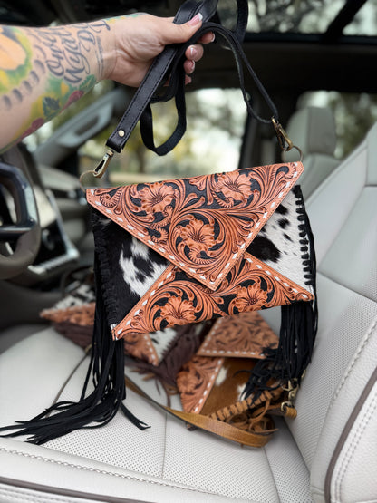 Tooled leather/ cowhide envelope purse