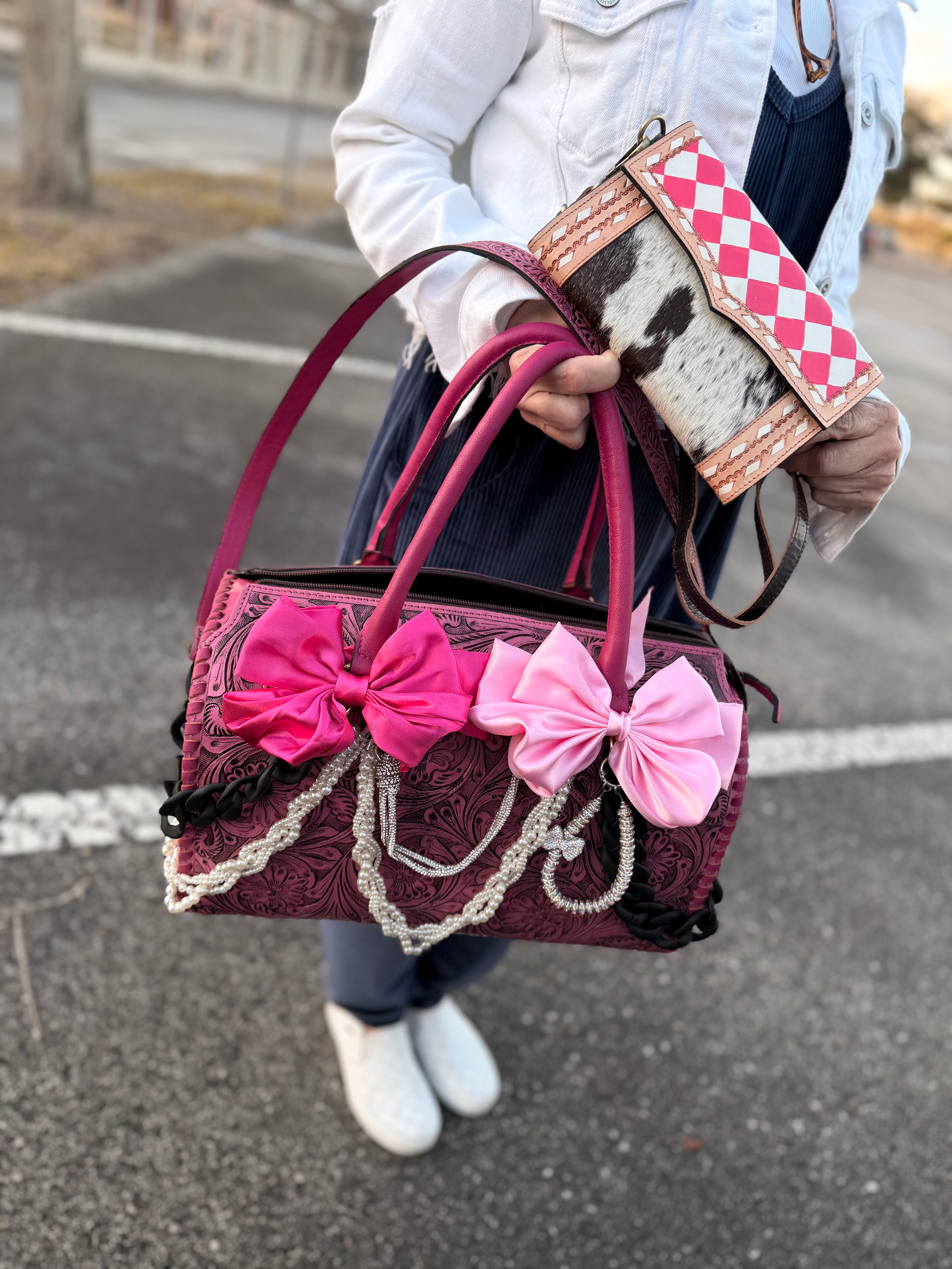 "Pink Prairie”- pink tooled leather speedy Duffle