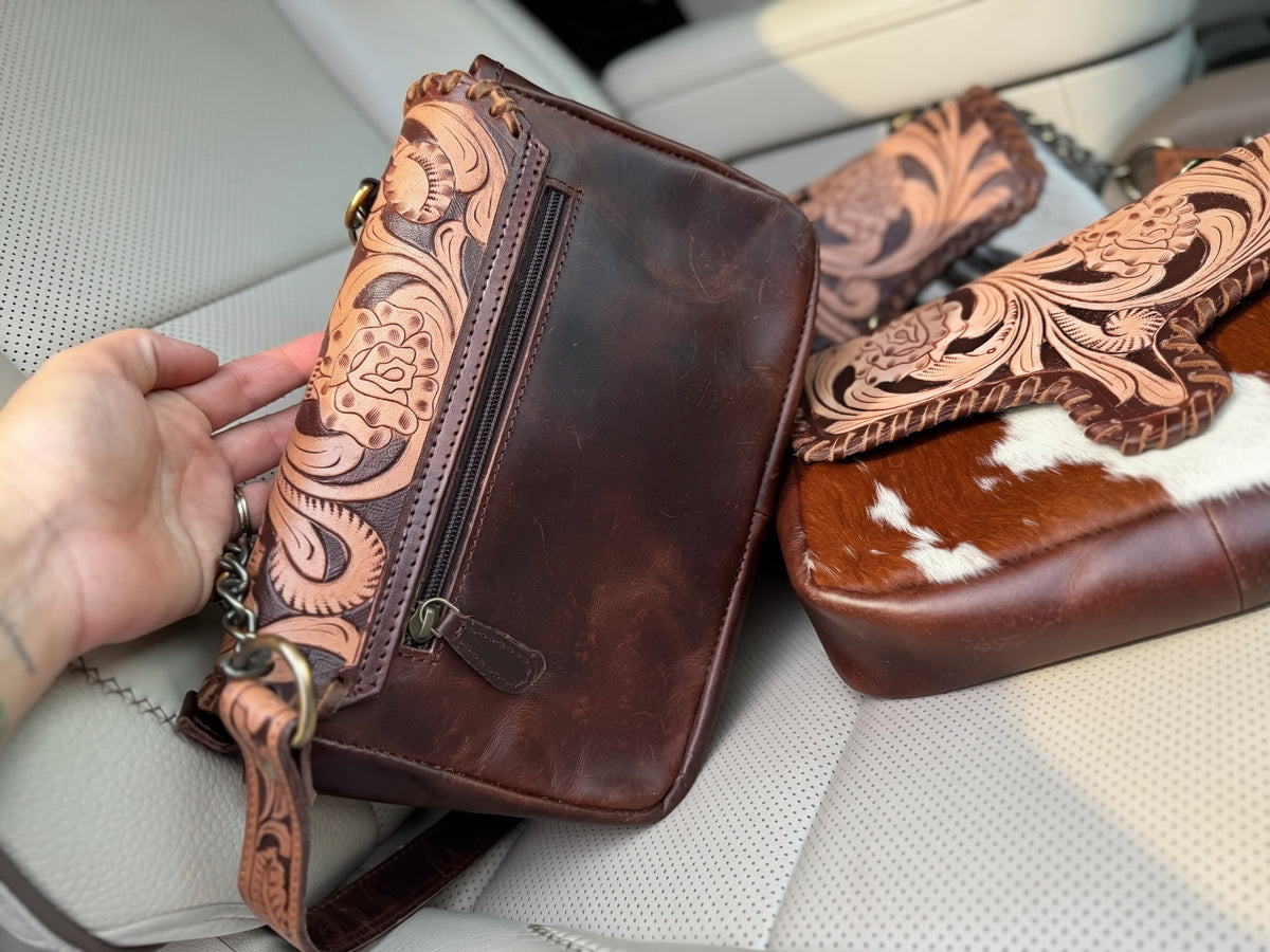 Tooled leather and cowhide crossbody bag