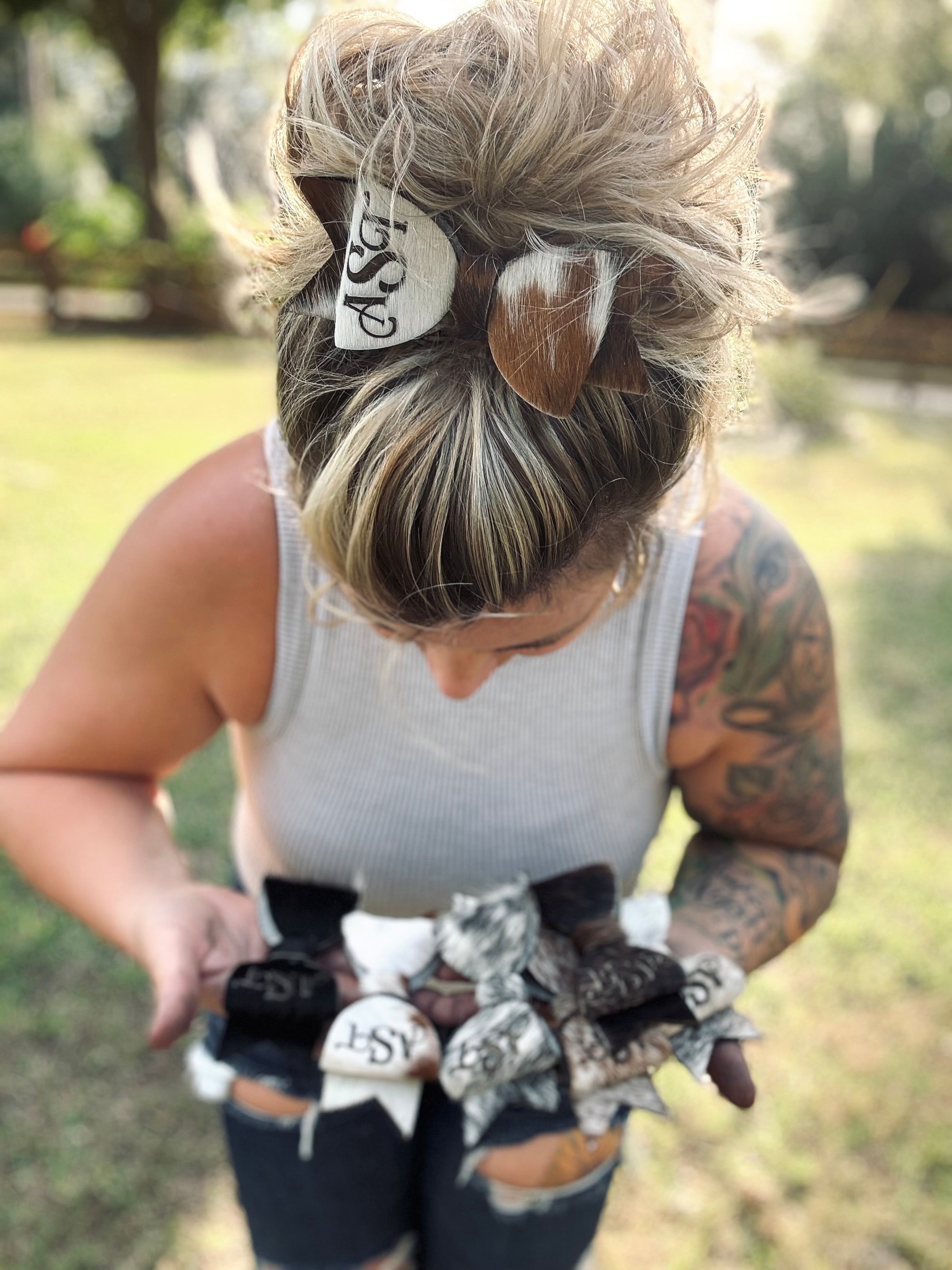 Cowhide hair bow clip with FREE engraving - READ DESCRIPTION BEFORE ORDERING