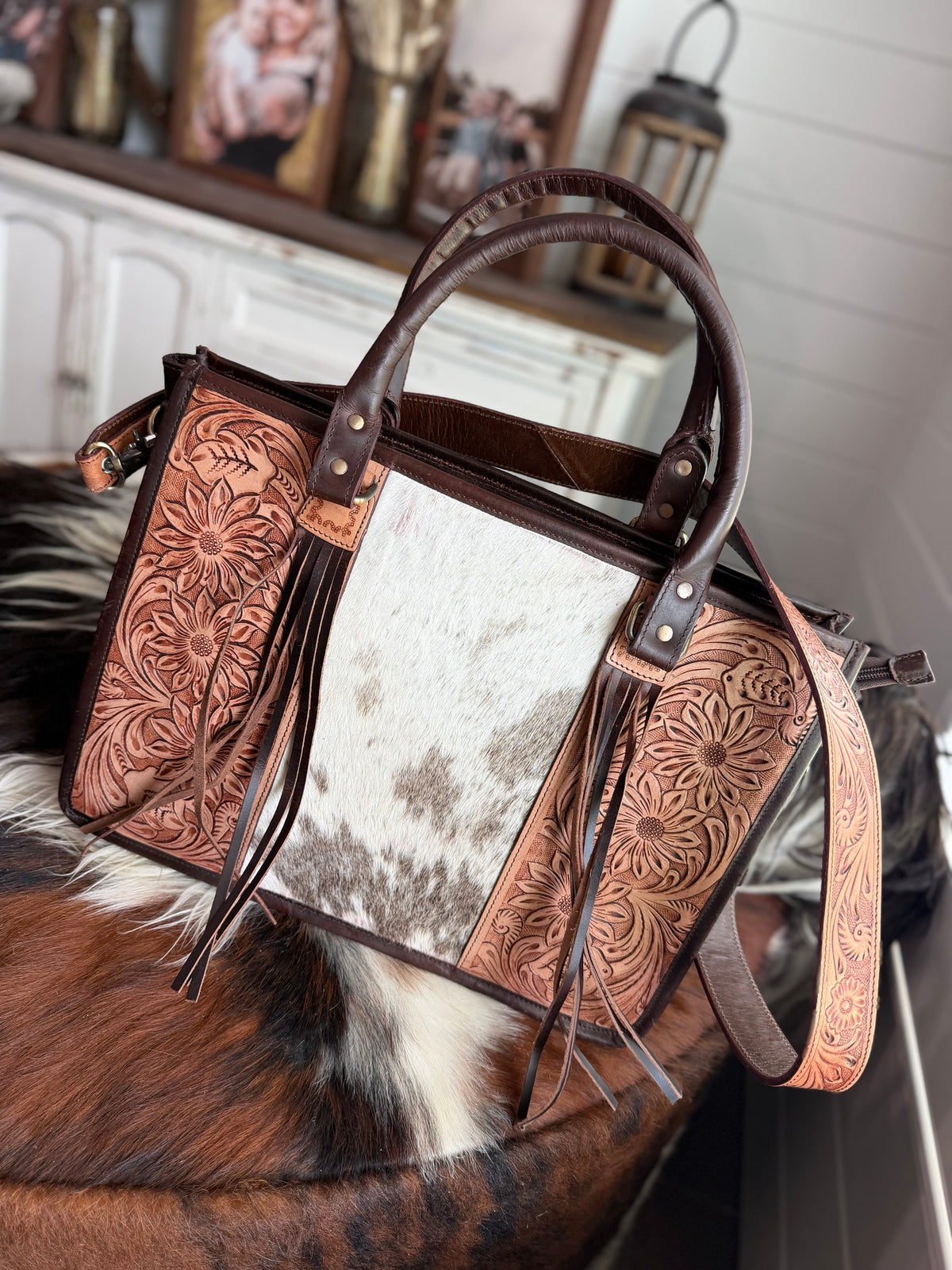 Cowhide Tooled leather tote bag with fringe