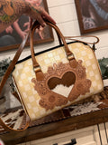 The Honey Mae 🤍🐝 yellow / white checker sunflower tooled leather speedy duffle (L)