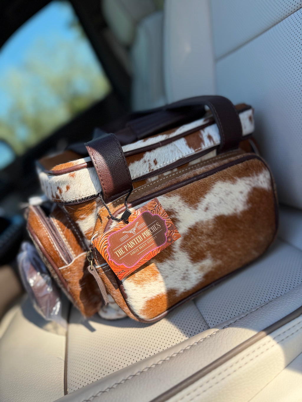 Brown and white Cowhide / leather Lunch bag