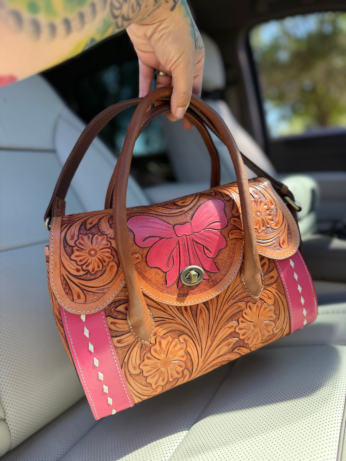 "SweetHeart" pink and tooled leather bow bag