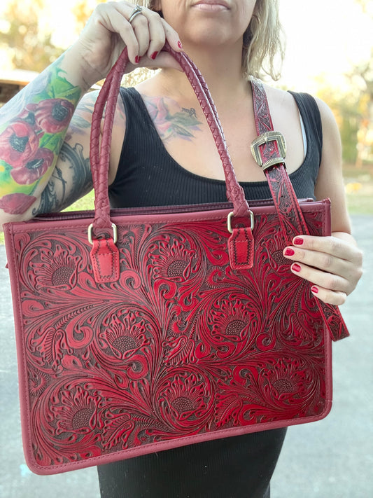 Red tooled leather tote bag