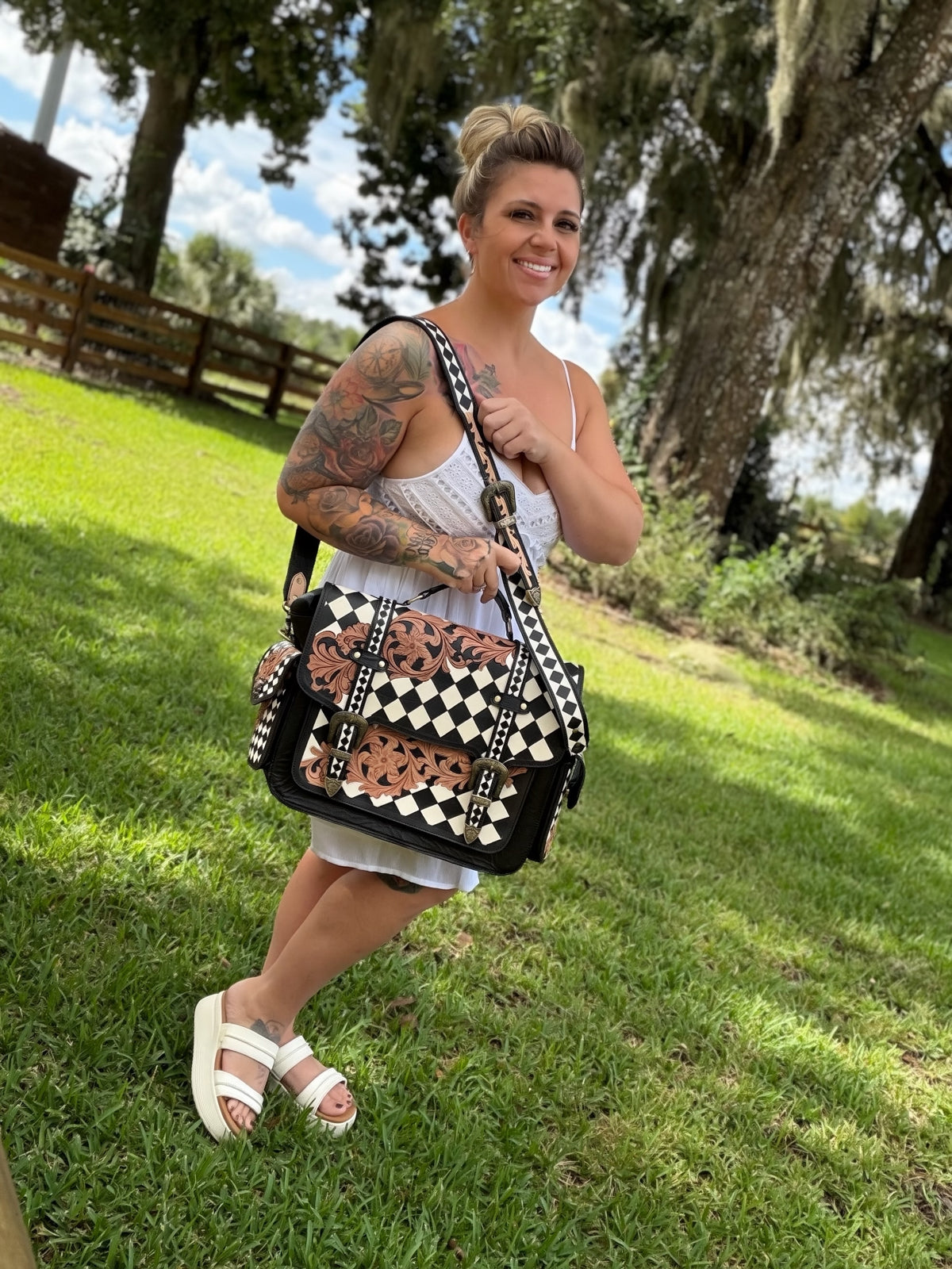 Laptop or overnight tooled leather -  black/white checker  bag