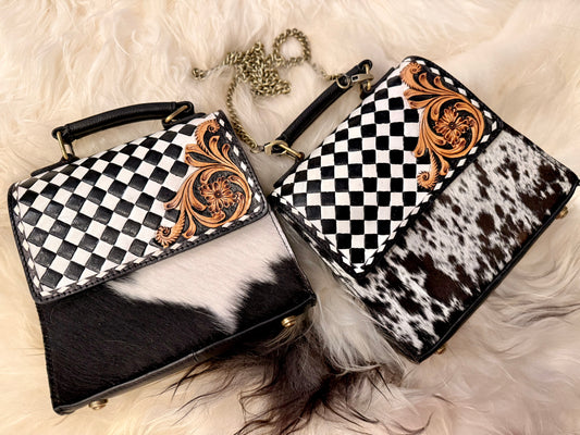 Checker tooled leather purse 8.5”x9”