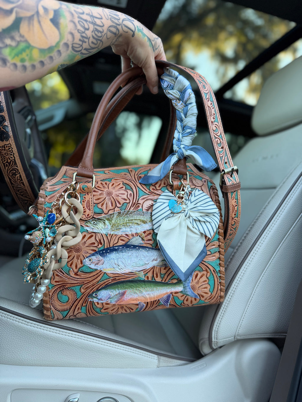 Turquoise Trout & Trouble -Brown/turquoise tooled leather speedy (L)