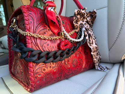 “Scarlet Kiss Cowgirl”- red tooled speedy tote, red/cheetah/black accents