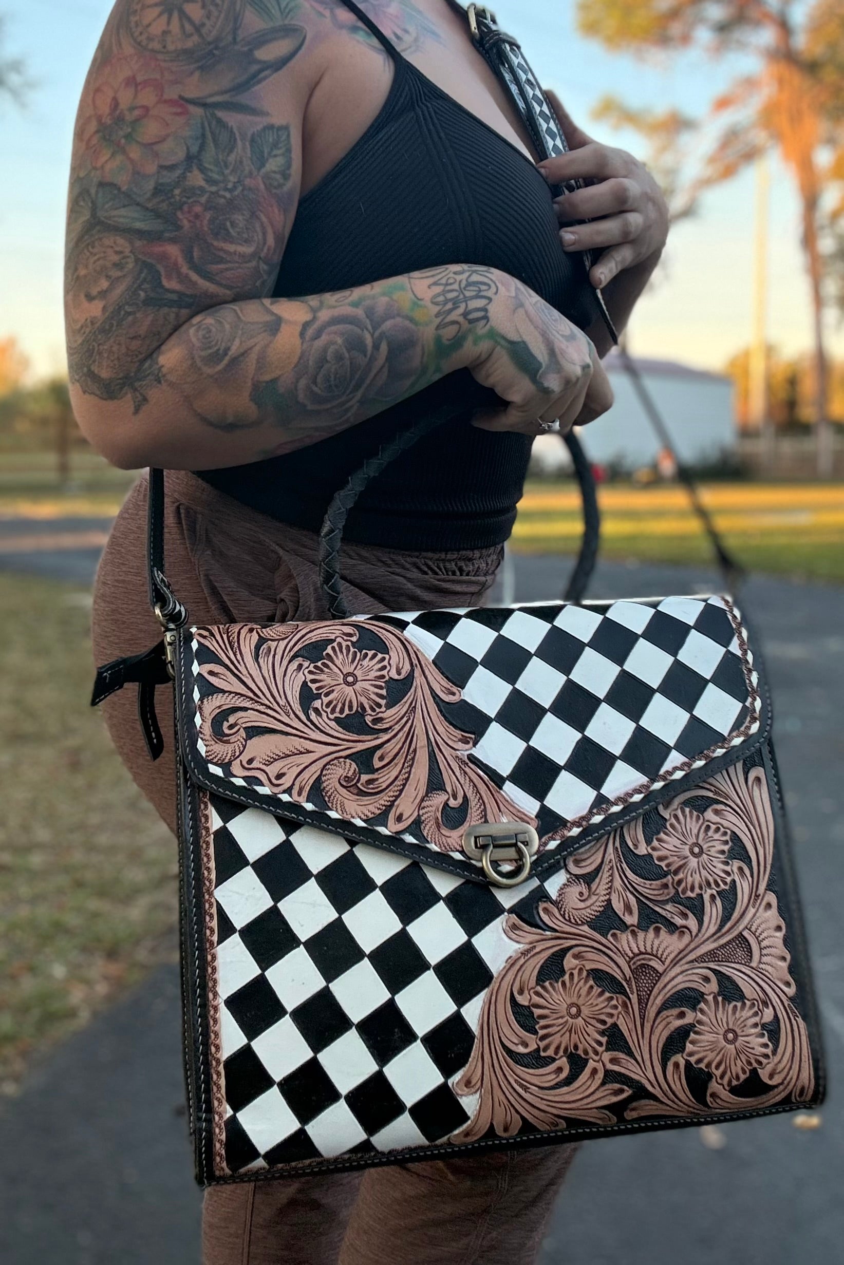 Checker print / tooled leather tote set