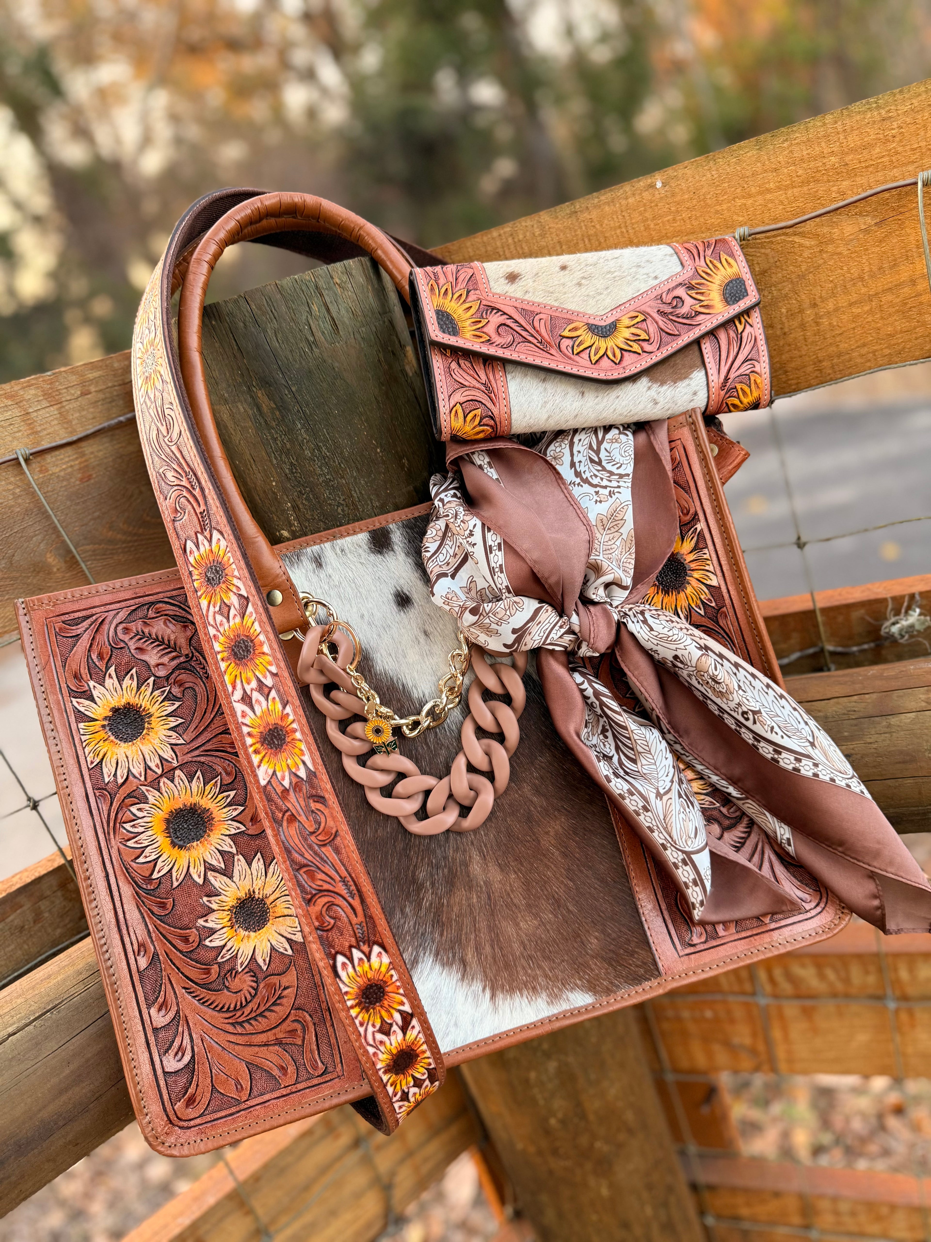 "Wildflower Prairie" Dressed cowhide and brown sunflower tote bag/ wallet combo