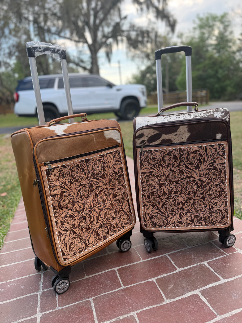 Suitcase - tooled leather and cowhide