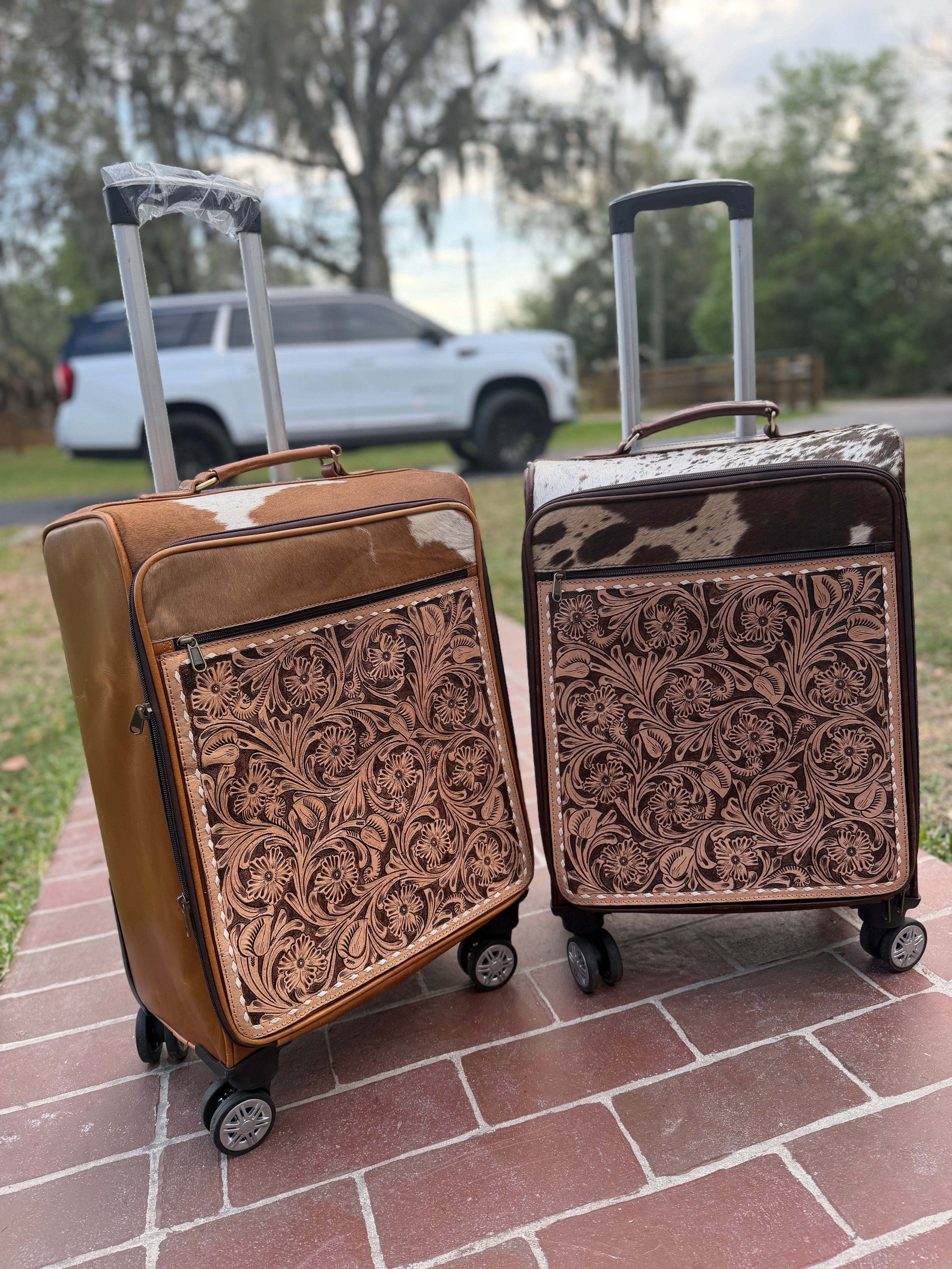 Suitcase - tooled leather and cowhide