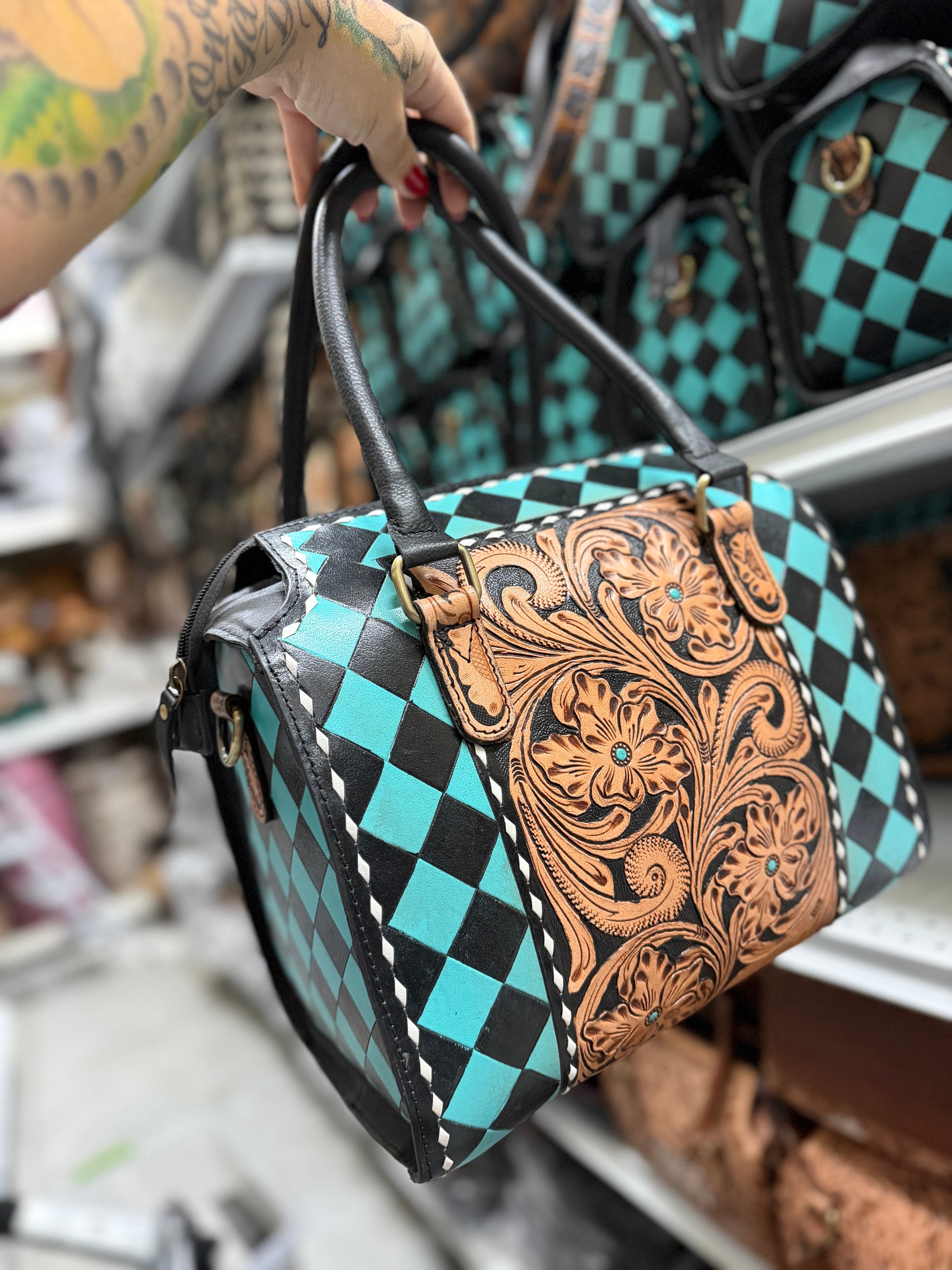 Teal/black checker tooled leather speedy bag (L) exclusive