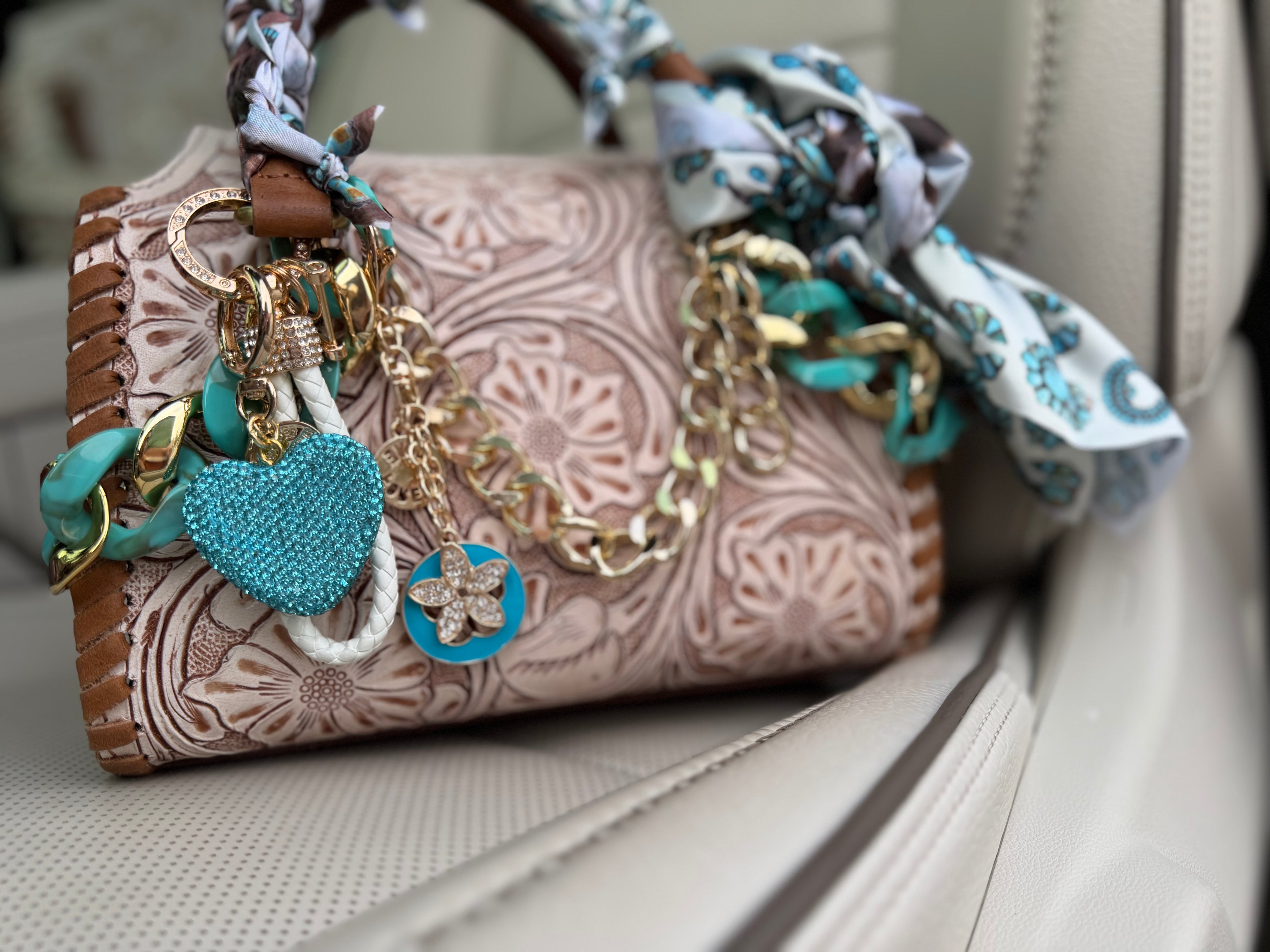 “The Turquoise Wildflower”- white/cream tooled leather speedy (M)