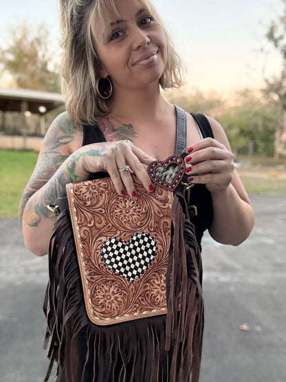 Checker print heart fringe purse and keychain set