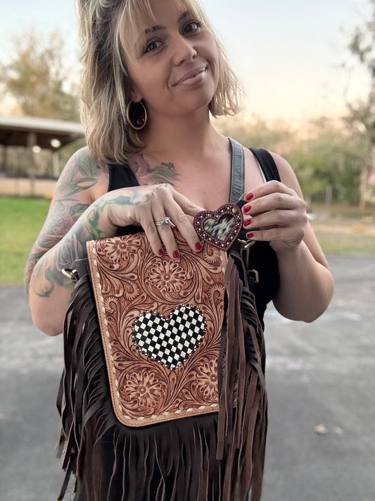 Checker print heart fringe purse and keychain set
